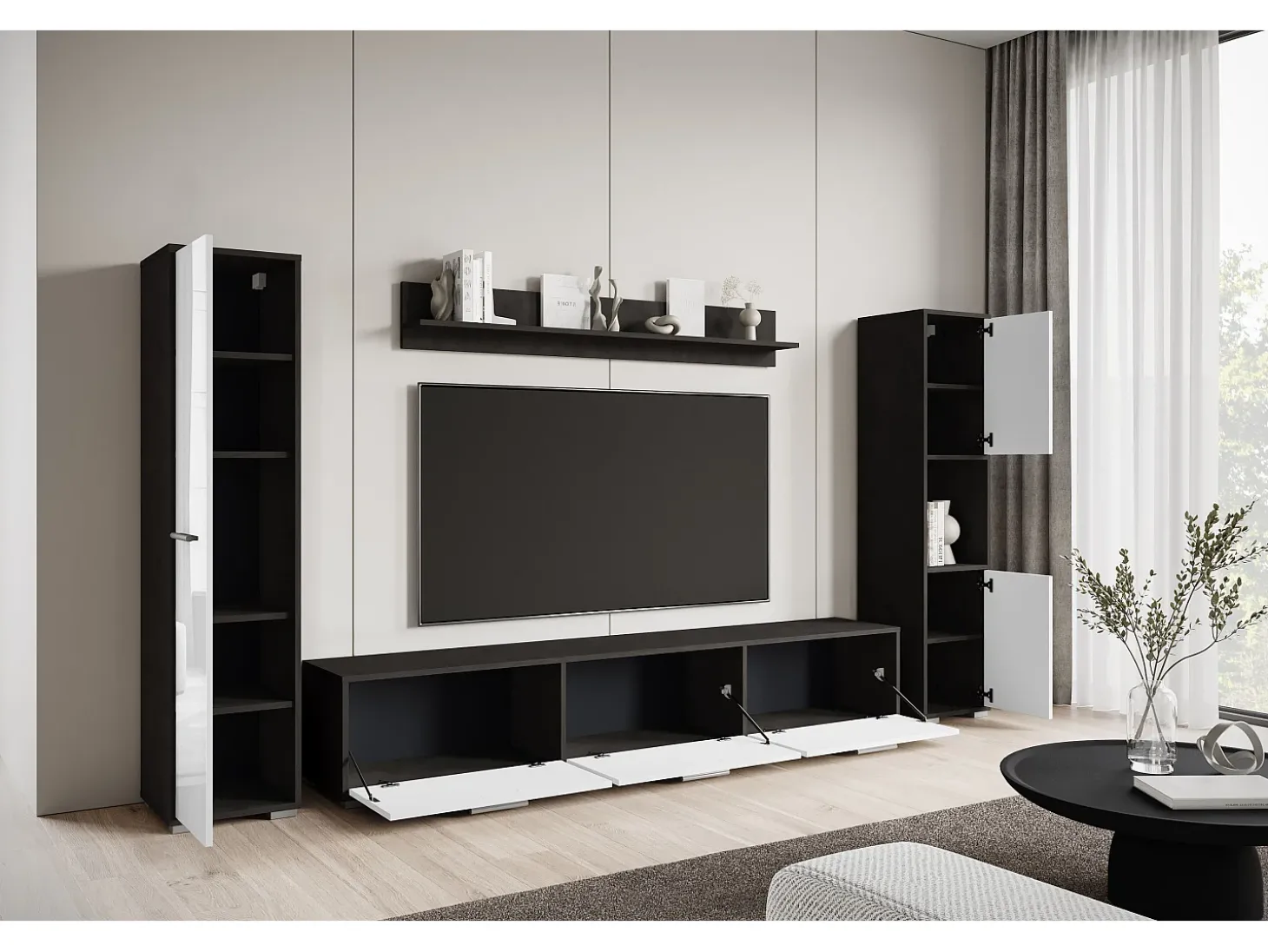 Conjunto de sala moderno – conjunto suspenso e de chão, móvel TV 180 cm, 2 colunas, prateleira, corpo Matera mate frentes branco brilho