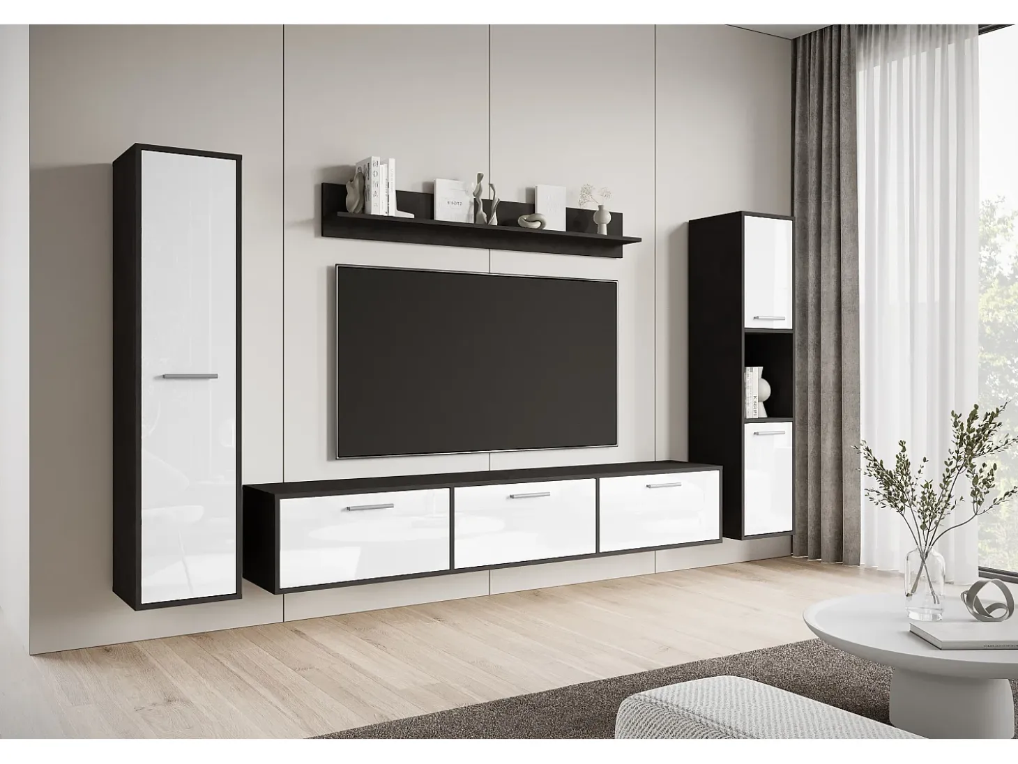 Conjunto de sala moderno – conjunto suspenso e de chão, móvel TV 180 cm, 2 colunas, prateleira, corpo Matera mate frentes branco brilho