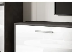 Conjunto de sala moderno – conjunto suspenso e de chão, móvel TV 180 cm, 2 colunas, prateleira, corpo Matera mate frentes branco brilho