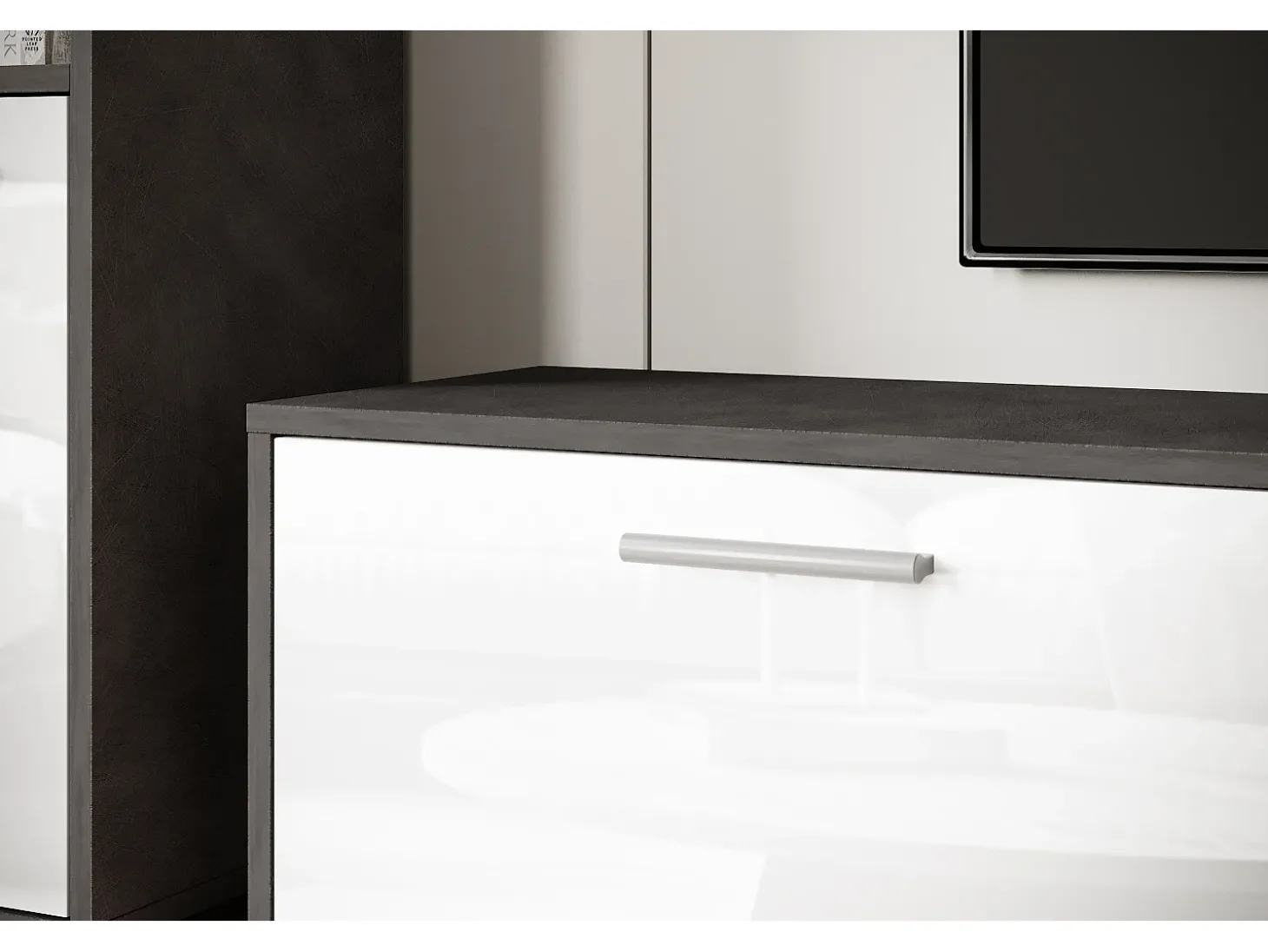 Conjunto de sala moderno – conjunto suspenso e de chão, móvel TV 180 cm, 2 colunas, prateleira, corpo Matera mate frentes branco brilho