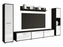 Conjunto de sala moderno – conjunto suspenso e de chão, móvel TV 180 cm, 2 colunas, prateleira, corpo Matera mate frentes branco brilho