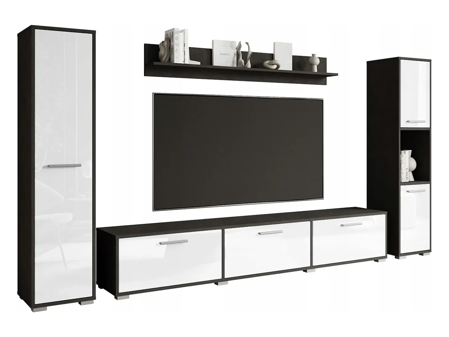 Conjunto de sala moderno – conjunto suspenso e de chão, móvel TV 180 cm, 2 colunas, prateleira, corpo Matera mate frentes branco brilho