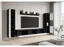 Conjunto de sala moderno – conjunto suspenso e de chão, móvel TV 180 cm, 2 colunas, prateleira, corpo Matera mate frentes branco brilho