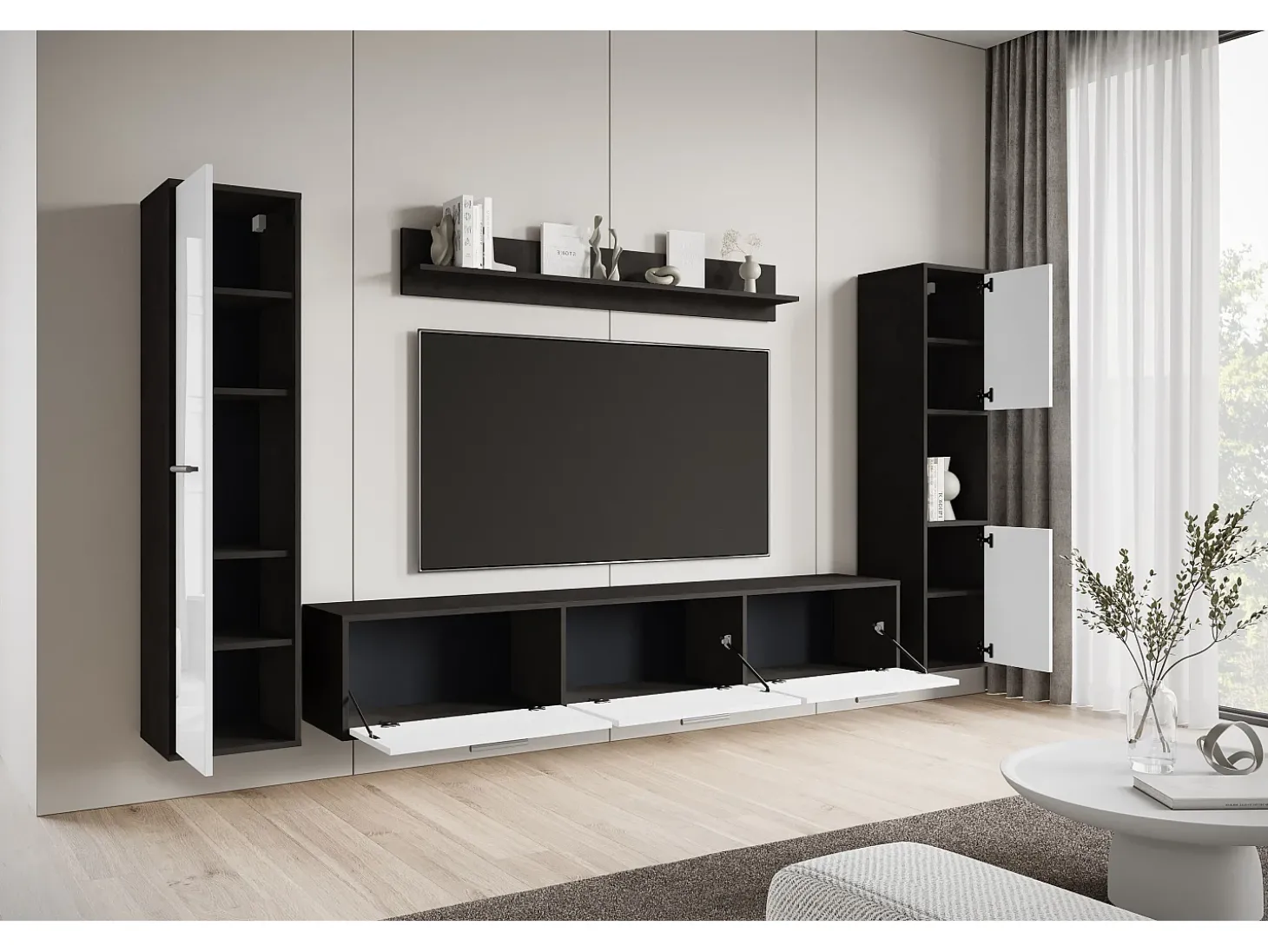 Conjunto de sala moderno – conjunto suspenso e de chão, móvel TV 180 cm, 2 colunas, prateleira, corpo Matera mate frentes branco brilho