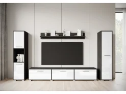 Conjunto de sala moderno – conjunto suspenso e de chão, móvel TV 180 cm, 2 colunas, prateleira, corpo Matera mate frentes branco brilho