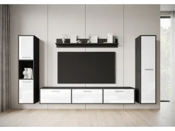 Conjunto de sala moderno – conjunto suspenso e de chão, móvel TV 180 cm, 2 colunas, prateleira, corpo Matera mate frentes branco brilho