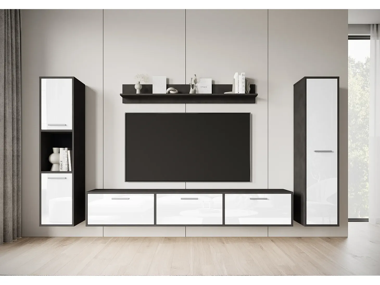 Conjunto de sala moderno – conjunto suspenso e de chão, móvel TV 180 cm, 2 colunas, prateleira, corpo Matera mate frentes branco brilho