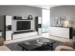 Conjunto de sala moderno 4 peças com LED, 2 colunas, móvel TV 180 cm e prateleira, corpo antracite mate, frentes branco brilho