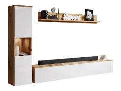 Conjunto de sala moderno 3 peças com LED, frentes brilhantes, coluna e móvel TV 180 cm corpo carvalho wotan, frentes branco brilho