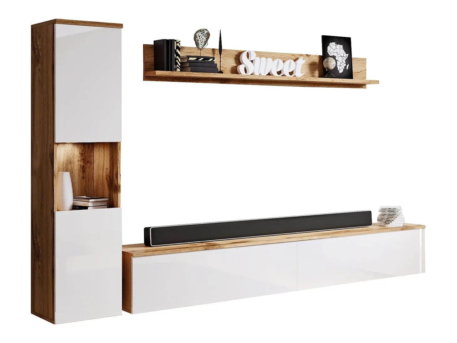 Conjunto de sala moderno 3 peças com LED, frentes brilhantes, coluna e móvel TV 180 cm corpo carvalho wotan, frentes branco brilho