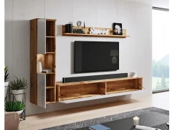 Conjunto de sala moderno 3 peças com LED, frentes brilhantes, coluna e móvel TV 180 cm corpo carvalho wotan, frentes branco brilho