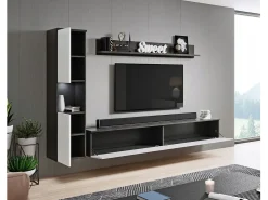 Conjunto de sala moderno 3 peças com LED, frentes brilhantes, coluna e móvel TV 180 cm corpo antracite mate, frentes branco brilho