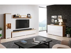 Conjunto de sala moderno 4 peças com LED, 2 colunas, móvel TV 180 cm e prateleira, corpo carvalho wotan, frentes branco brilho