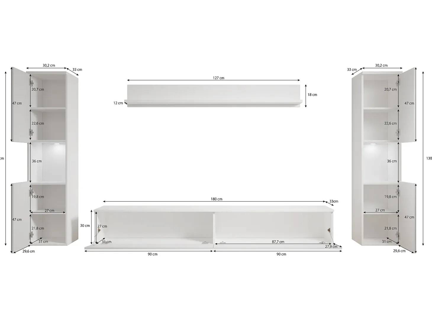 Conjunto de sala moderno 4 peças com LED, 2 colunas, móvel TV 180 cm e prateleira, corpo carvalho wotan, frentes branco brilho