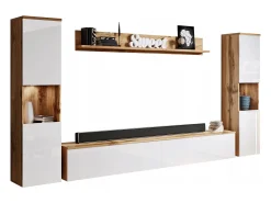Conjunto de sala moderno 4 peças com LED, 2 colunas, móvel TV 180 cm e prateleira, corpo carvalho wotan, frentes branco brilho