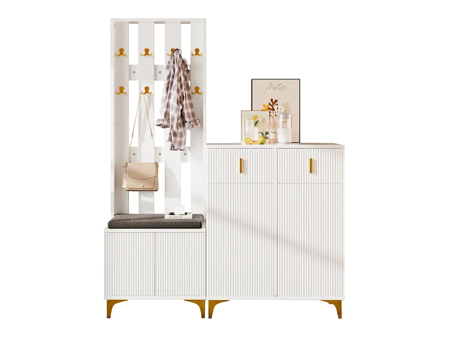 Conjunto de sapateira com sapateira, cabideiro - 60,5x35,2x180,5 cm + 83x35x101 cm - Aglomerado - Branco