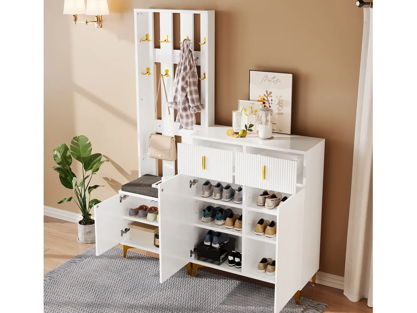 Conjunto de sapateira com sapateira, cabideiro - 60,5x35,2x180,5 cm + 83x35x101 cm - Aglomerado - Branco