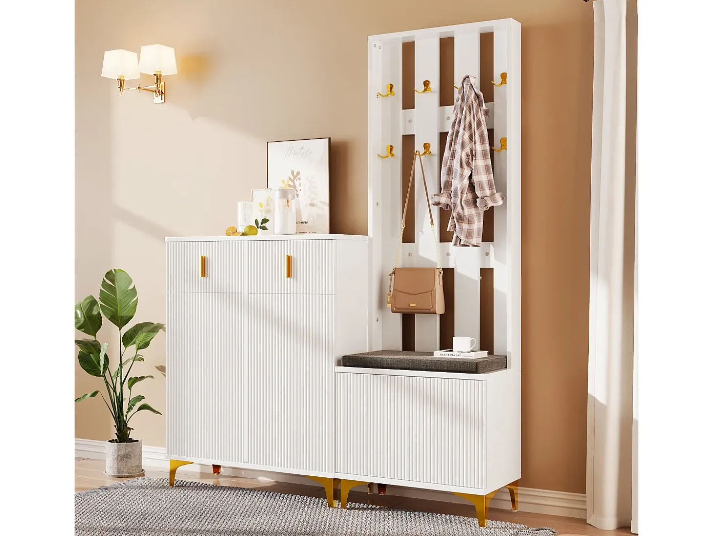 Conjunto de sapateira com sapateira, cabideiro - 60,5x35,2x180,5 cm + 83x35x101 cm - Aglomerado - Branco