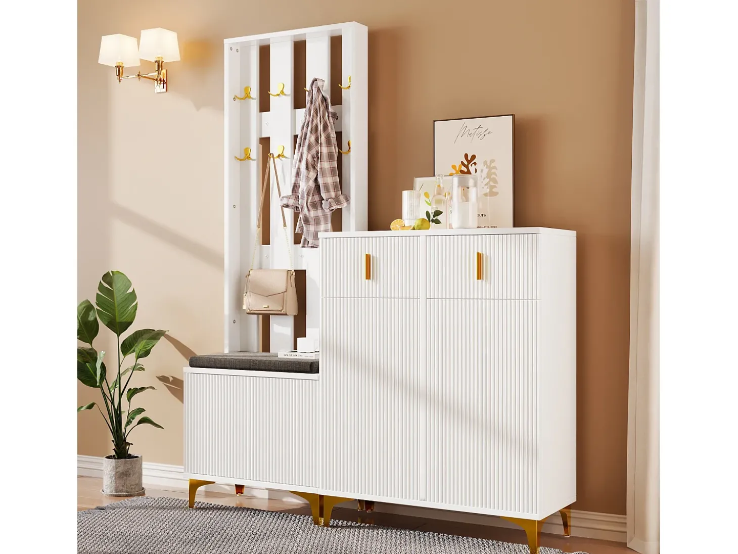 Conjunto de sapateira com sapateira, cabideiro - 60,5x35,2x180,5 cm + 83x35x101 cm - Aglomerado - Branco