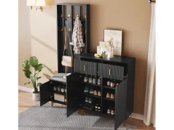 Conjunto de sapateira com sapateira, cabideiro - 60,5x35,2x180,5 cm + 83x35x101 cm - Aglomerado - Preto