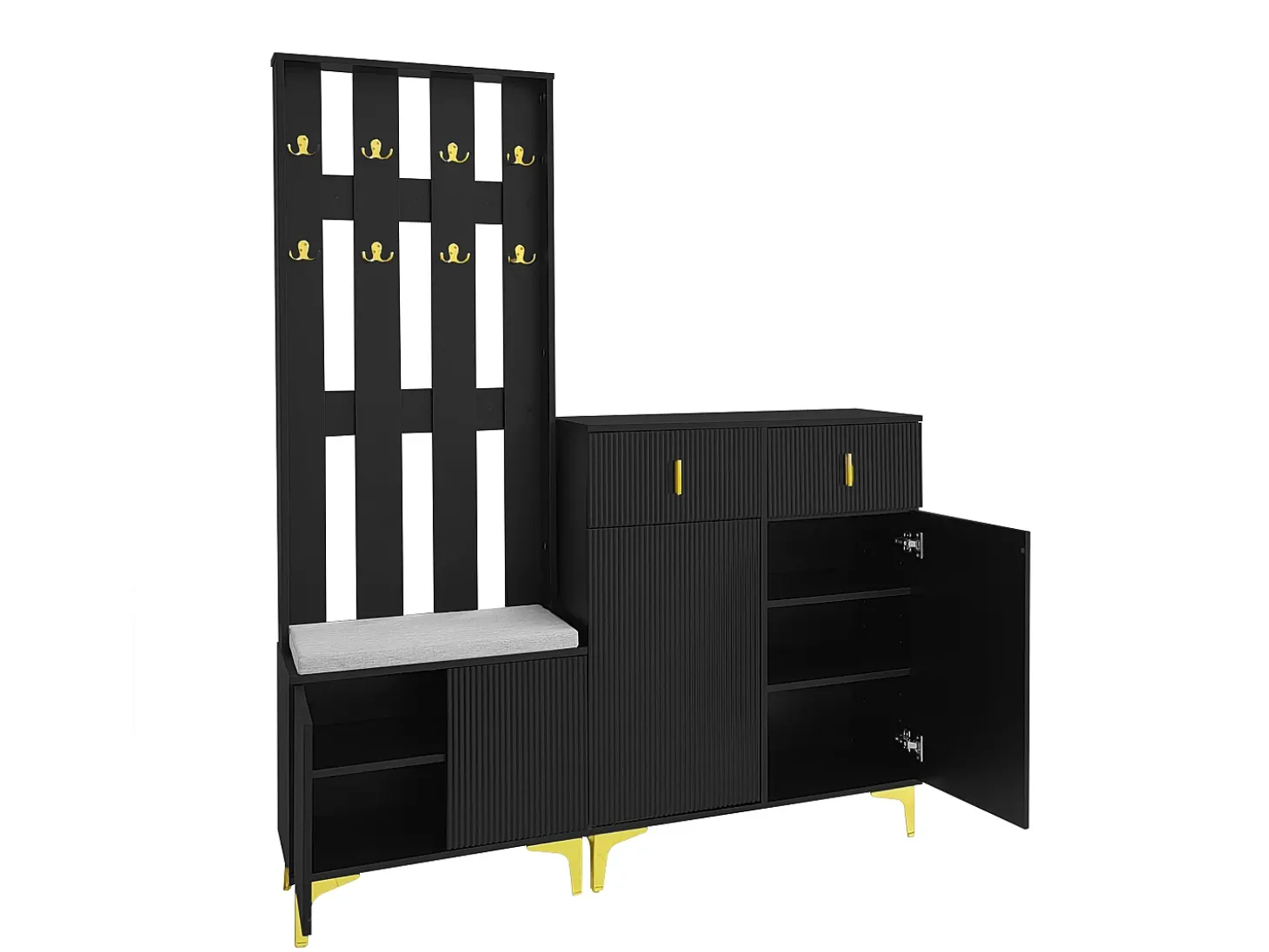 Conjunto de sapateira com sapateira, cabideiro - 60,5x35,2x180,5 cm + 83x35x101 cm - Aglomerado - Preto