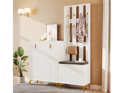Conjunto de sapateira e bengaleiro - 4 portas, 2 gavetas, banco e ganchos - Branco e dourado