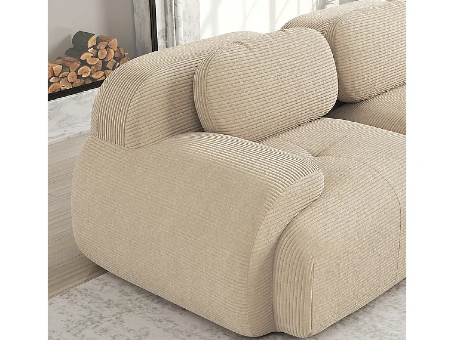 Conjunto de Sofá Modular de Veludo Cannelado: Ottomã - 92.5x75x44cm - Bege