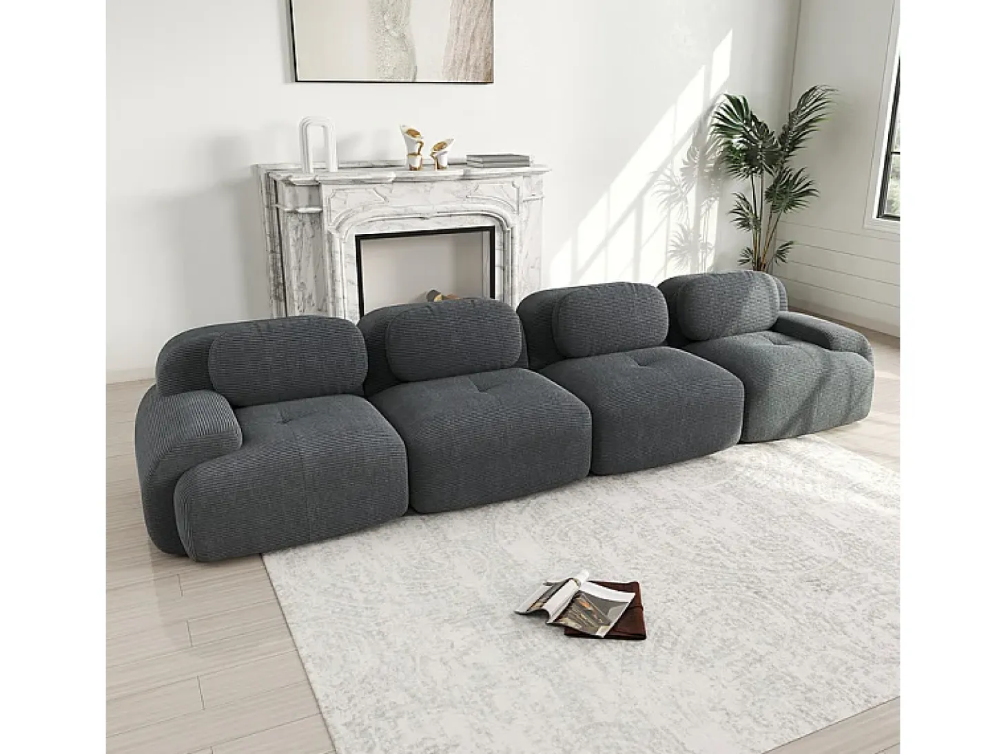Conjunto de Sofá Modular de Veludo Cannelado: Ottomã - 92.5x75x44cm - Bege