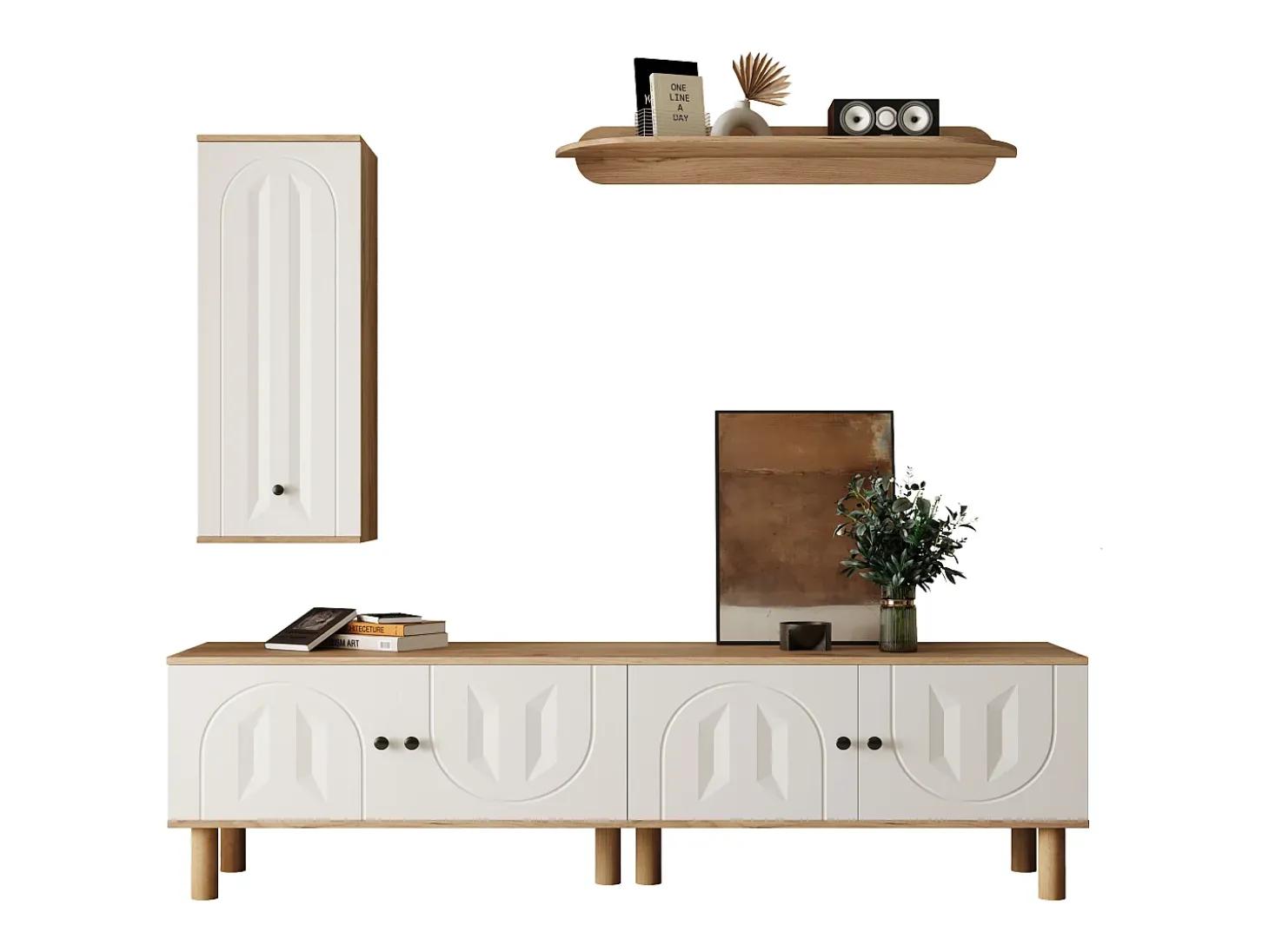 Conjunto de TV mural 3 peças - Móvel para TV, vitrine e prateleira - 5 portas - Pés de madeira maciça - Branco + natural