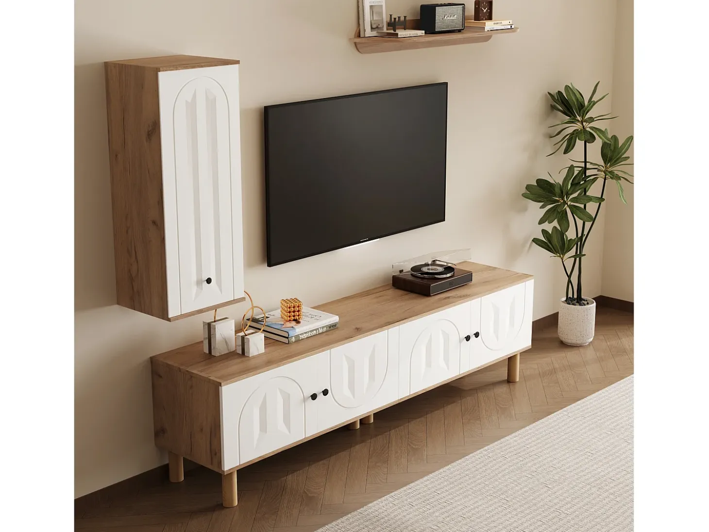 Conjunto de TV mural 3 peças - Móvel para TV, vitrine e prateleira - 5 portas - Pés de madeira maciça - Branco + natural
