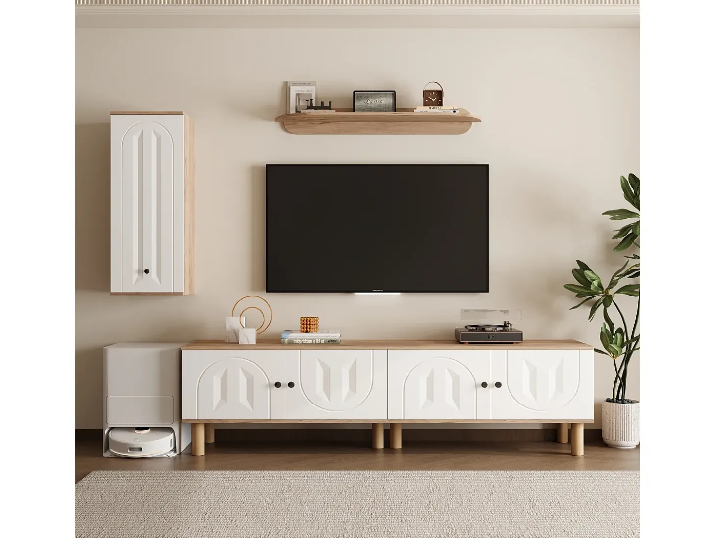 Conjunto de TV mural 3 peças - Móvel para TV, vitrine e prateleira - 5 portas - Pés de madeira maciça - Branco + natural