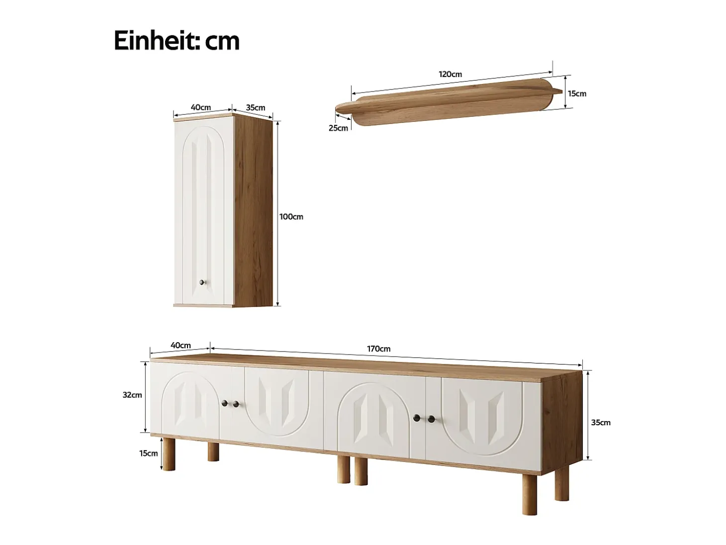 Conjunto de TV mural 3 peças - Móvel para TV, vitrine e prateleira - 5 portas - Pés de madeira maciça - Branco + natural