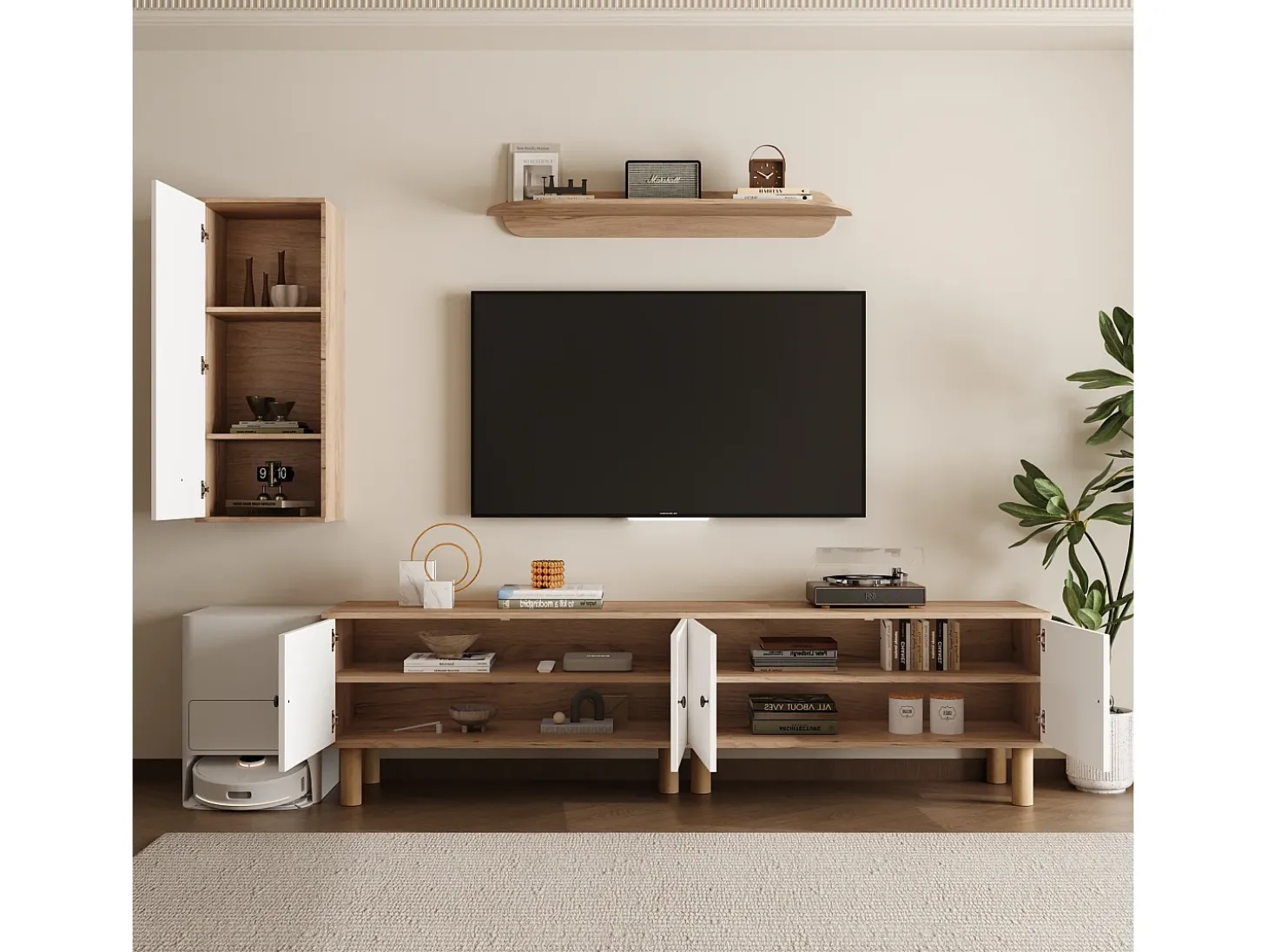 Conjunto de TV mural 3 peças - Móvel para TV, vitrine e prateleira - 5 portas - Pés de madeira maciça - Branco + natural