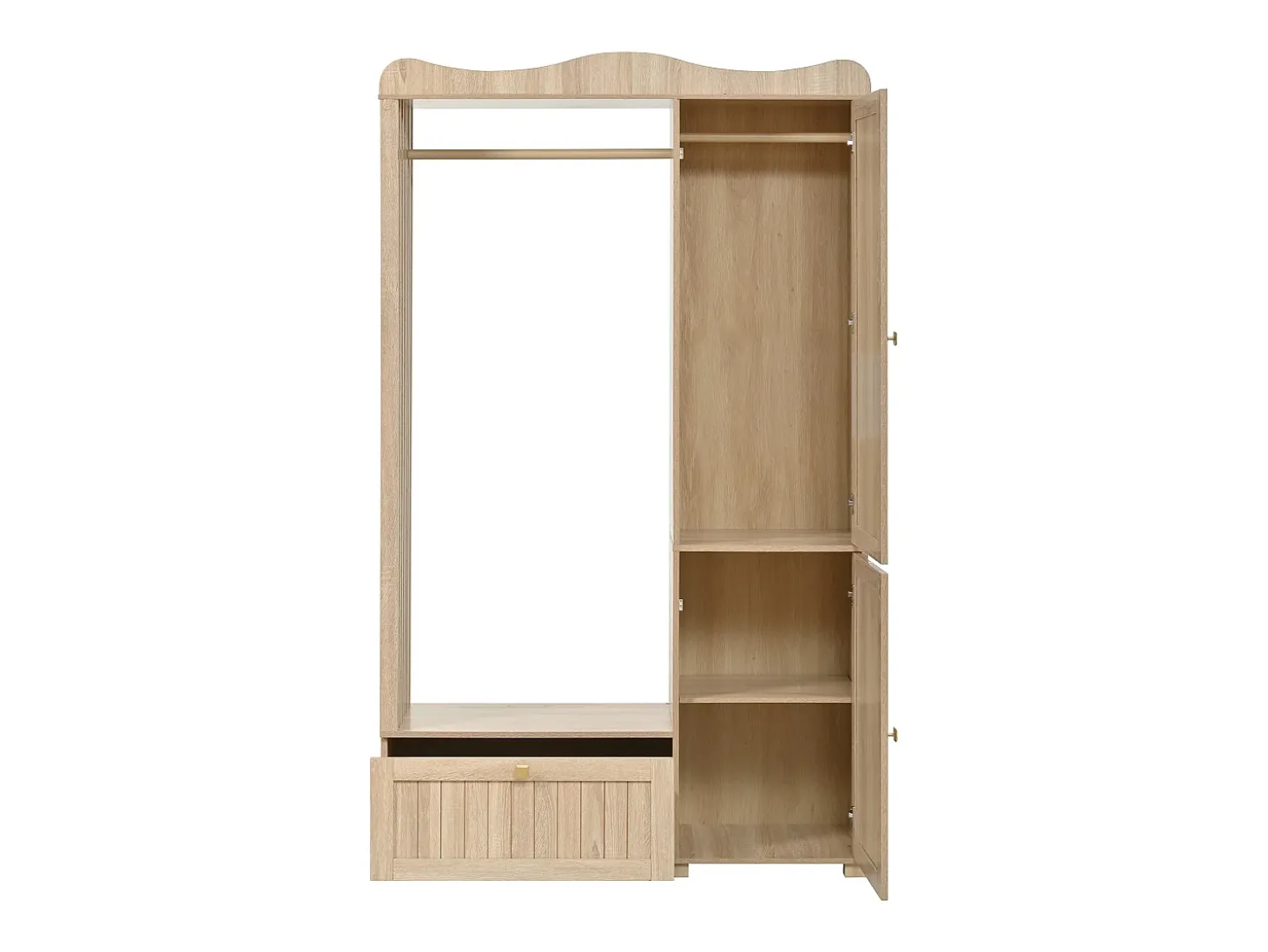 Conjunto de vestiário de entrada - 115,5x38,5x194,5 cm - con espelho e varal aberto - 1 gaveta e 2 portas - MDF - Cor carvalho