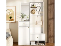 Conjunto de vestiário de entrada 105x38x180 cm - com espelho - com ganchos ajustáveis - 2 gavetas e 1 porta - Branco