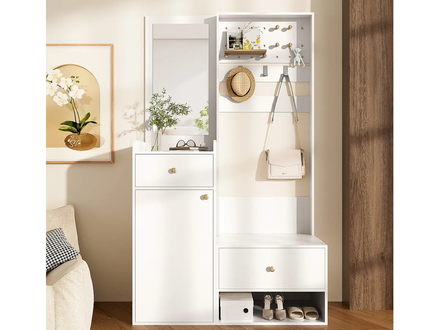 Conjunto de vestiário de entrada 105x38x180 cm - com espelho - com ganchos ajustáveis - 2 gavetas e 1 porta - Branco