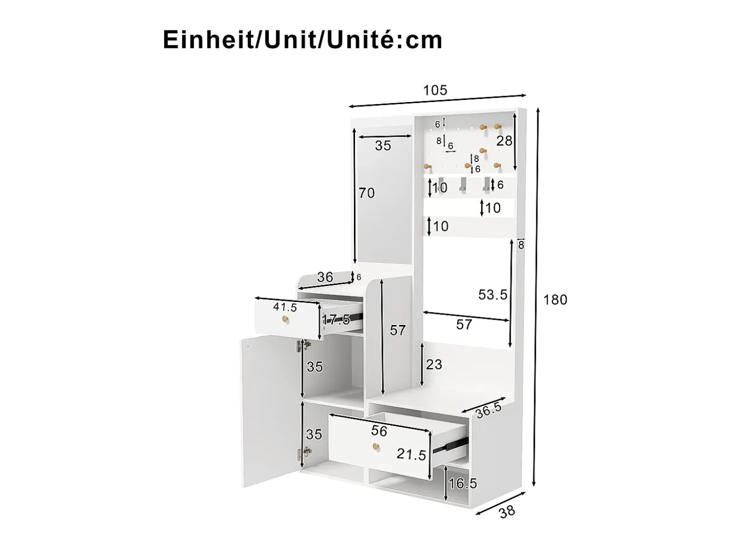 Conjunto de vestiário de entrada 105x38x180 cm - com espelho - com ganchos ajustáveis - 2 gavetas e 1 porta - Branco