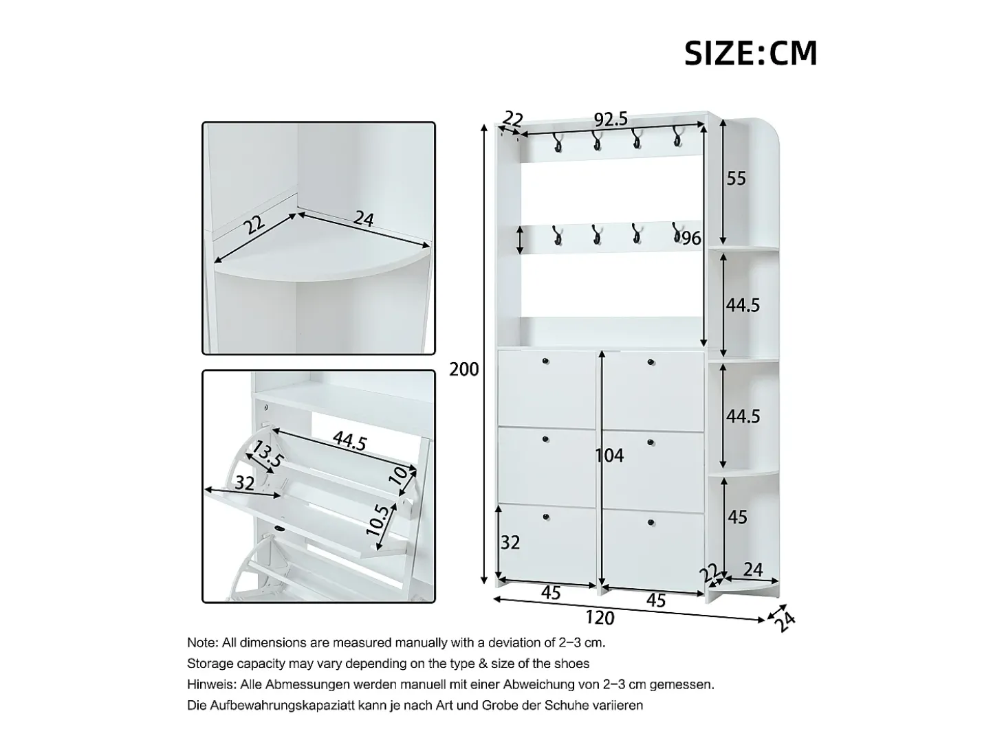 Conjunto de vestiário de entrada 120x24x200 cm - con móvel de sapatos - 8 ganchos - Branco