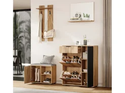 Conjunto de vestiário de entrada 4 peças - móvel de sapatos e banco de sapatos - espelho e cabideiro - Natural + Preto