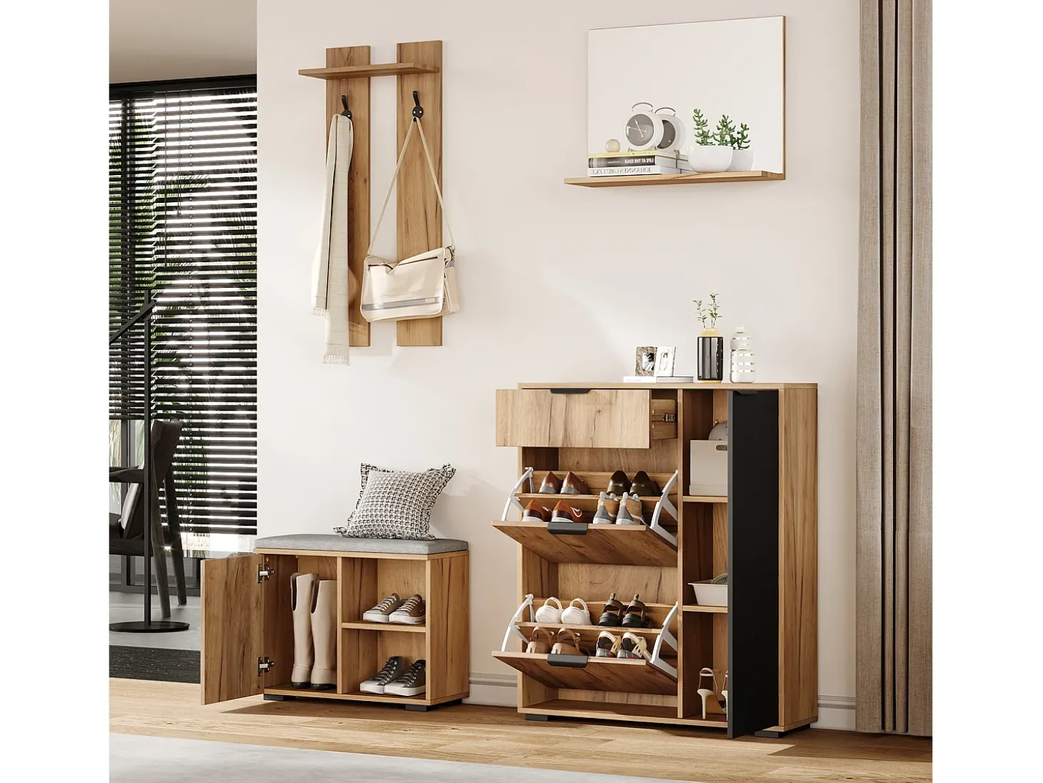 Conjunto de vestiário de entrada 4 peças - móvel de sapatos e banco de sapatos - espelho e cabideiro - Natural + Preto