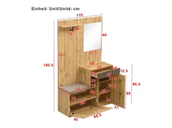 Conjunto de vestiário de entrada 110x37x185,5 cm - com espelho e ganchos - Móvel para sapatos e banco calçadeiro - Natural