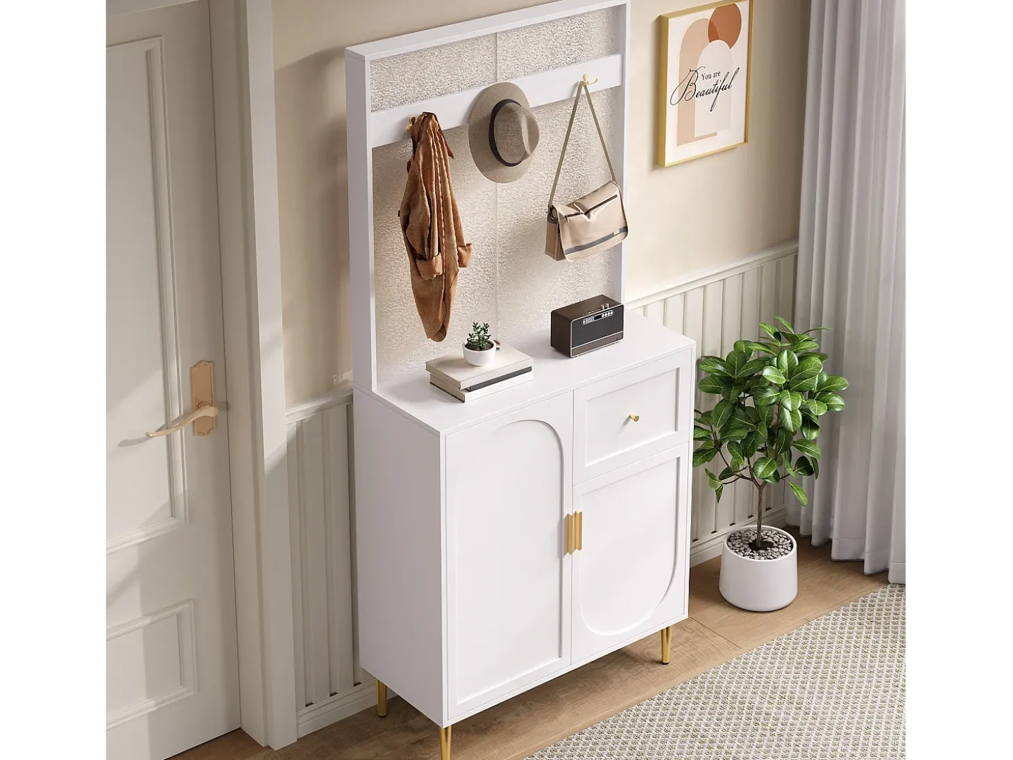 Conjunto de vestiário de entrada 80x35x175.5 cm - 2 portas e 1 gaveta - com 3 ganchos - Prateleiras ajustáveis - MDF - Branco