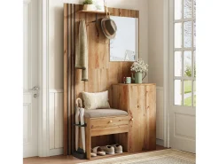 Conjunto de vestiário de entrada 115x37x185 cm - com espelho e ganchos - com assento acolchoado - Guarda-chuva - Natural