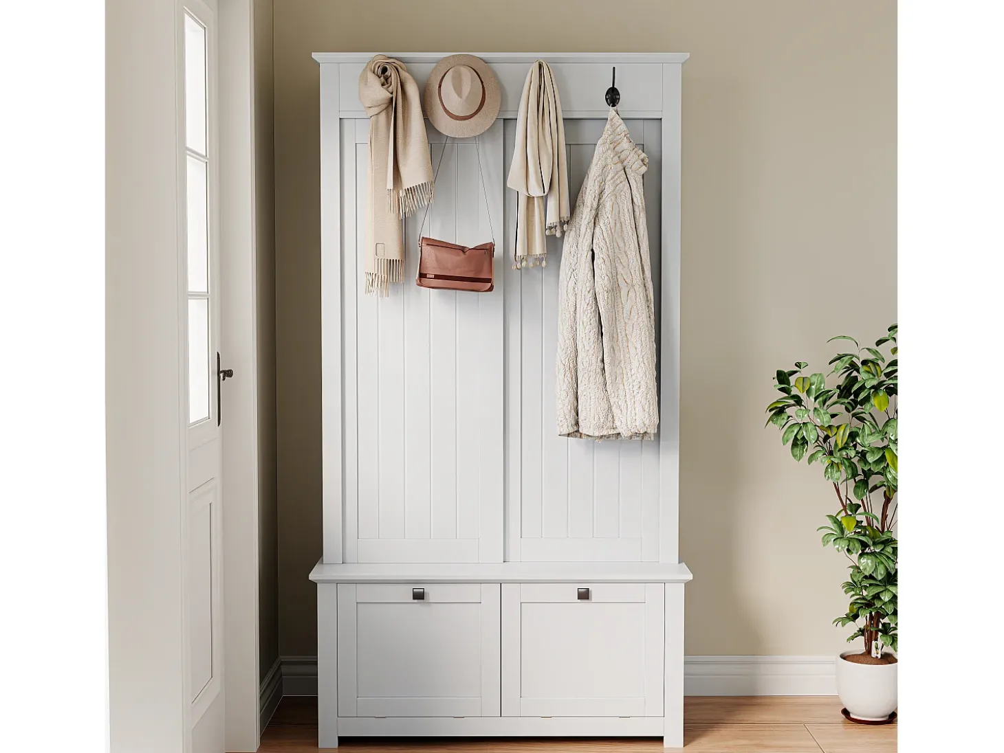Conjunto de vestiário de entrada 100x50x180 cm - Móvel para sapatos - com ganchos - MDF - Branco