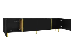 Conjunto moderno de armário de TV e mesa de centro - 170 x 35 x 46 cm + 100 x 60 x 41,5 cm - Madeira MDF e pernas douradas - Preto brilhante