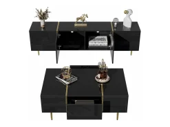 Conjunto moderno de armário de TV e mesa de centro - 170 x 35 x 46 cm + 100 x 60 x 41,5 cm - Madeira MDF e pernas douradas - Preto brilhante