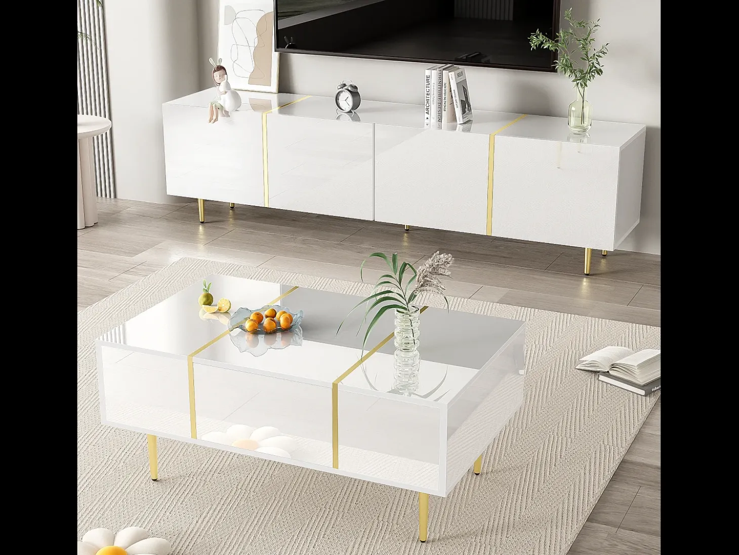 Conjunto moderno de armário de TV e mesa de centro - 170 x 35 x 46 cm + 100 x 60 x 41,5 cm - Madeira MDF e pés dourados - Branco brilhante