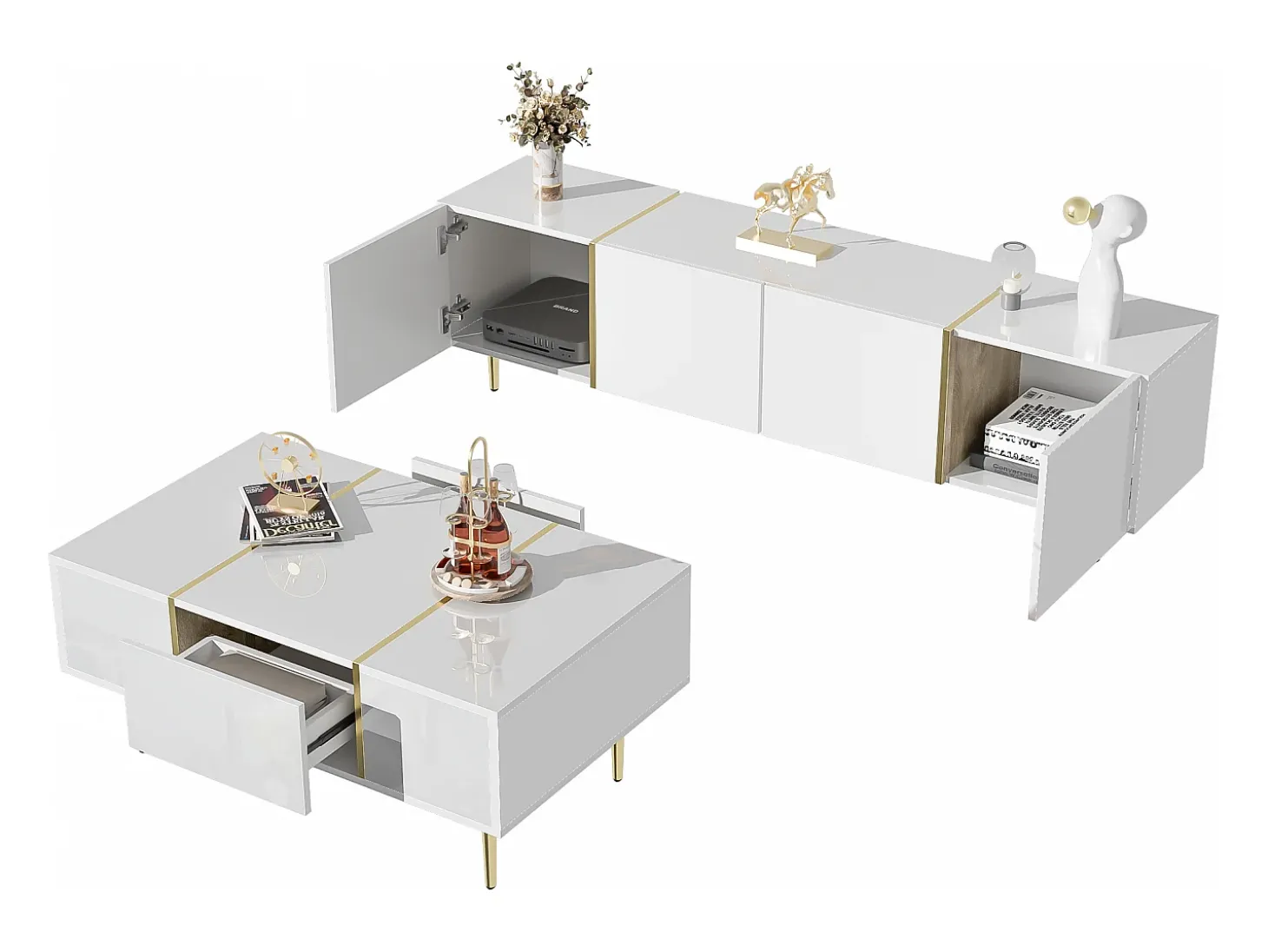 Conjunto moderno de armário de TV e mesa de centro - 170 x 35 x 46 cm + 100 x 60 x 41,5 cm - Madeira MDF e pés dourados - Branco brilhante
