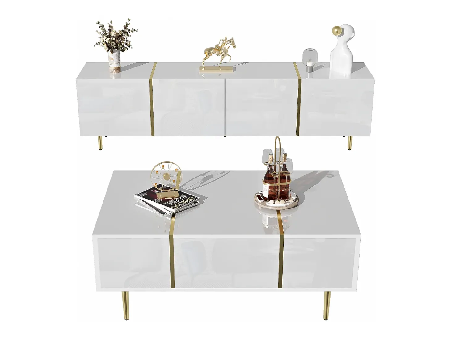 Conjunto moderno de armário de TV e mesa de centro - 170 x 35 x 46 cm + 100 x 60 x 41,5 cm - Madeira MDF e pés dourados - Branco brilhante