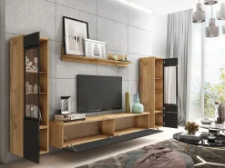 Conjunto moderno de móveis de sala 4 peças, móvel de TV 180 cm, 2 vitrinas e prateleira, corpo carvalho Wotan mate, frentes preto brilho, de pé ou suspenso